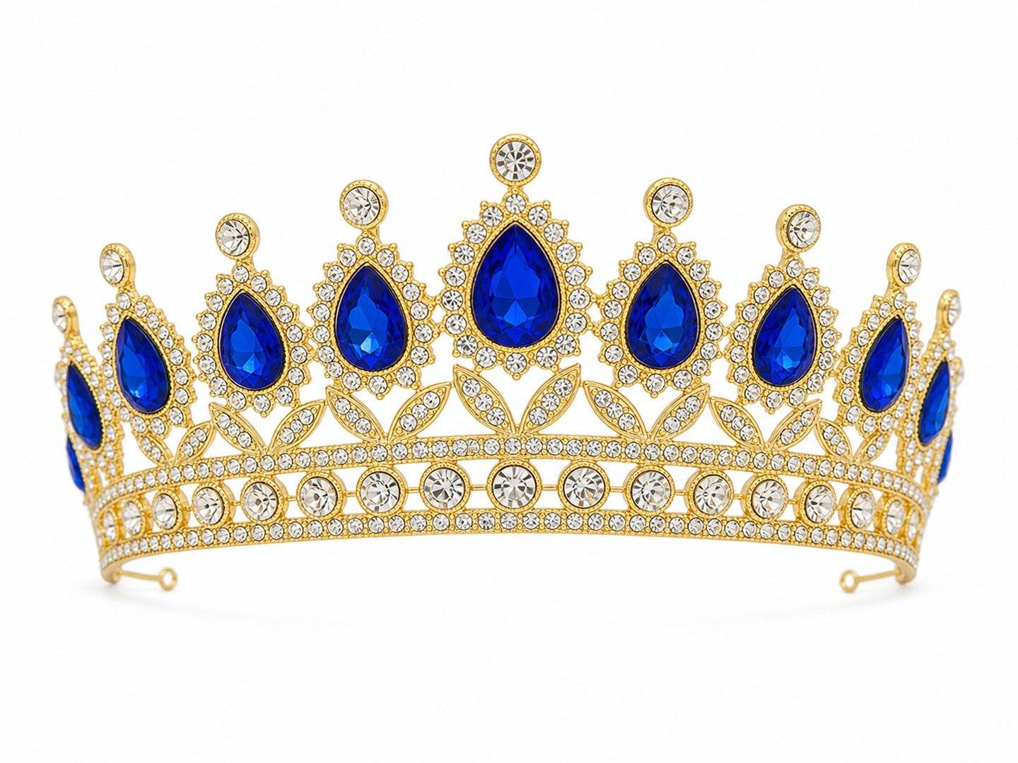 Tiara aurie cu cristale teardrop cobalt - decor regal