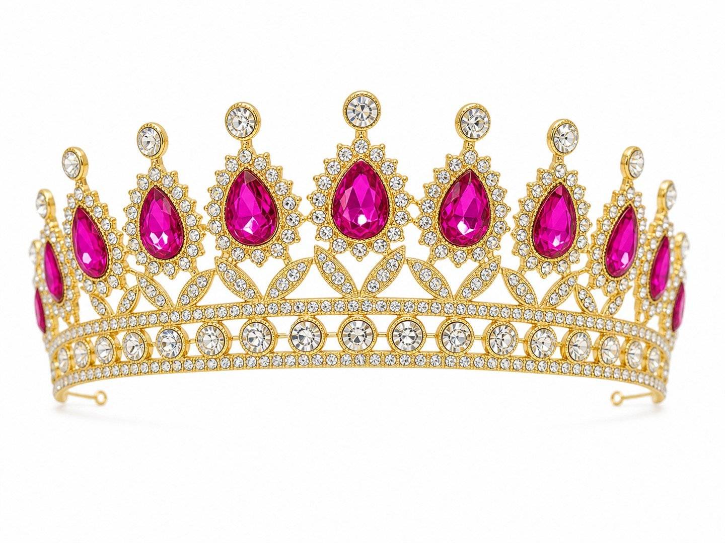 Tiara aurie cu cristale teardrop fucsia - decor bold