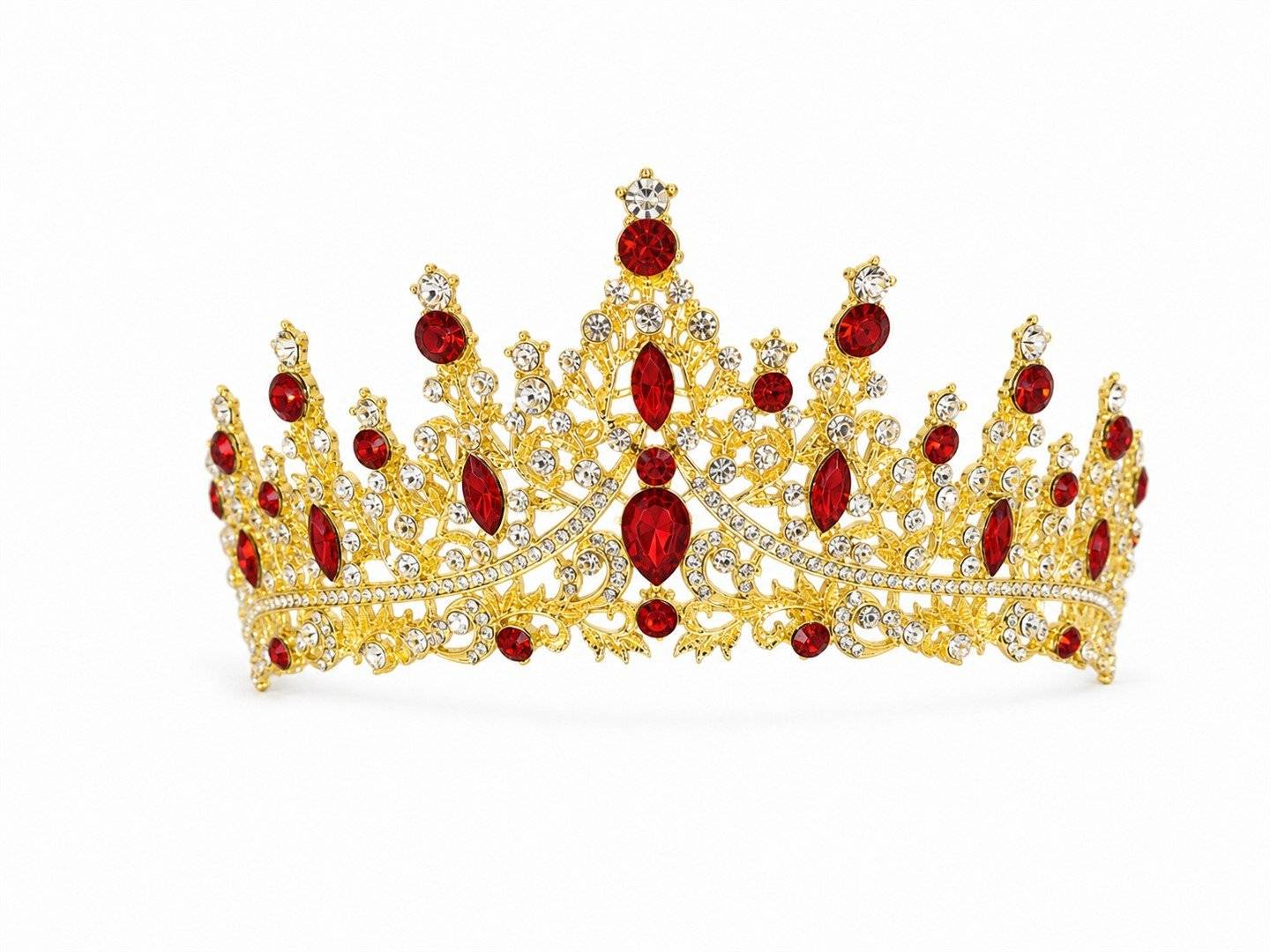 Tiara aurie densa cu cristale marquise rosii si filigran vegetal
