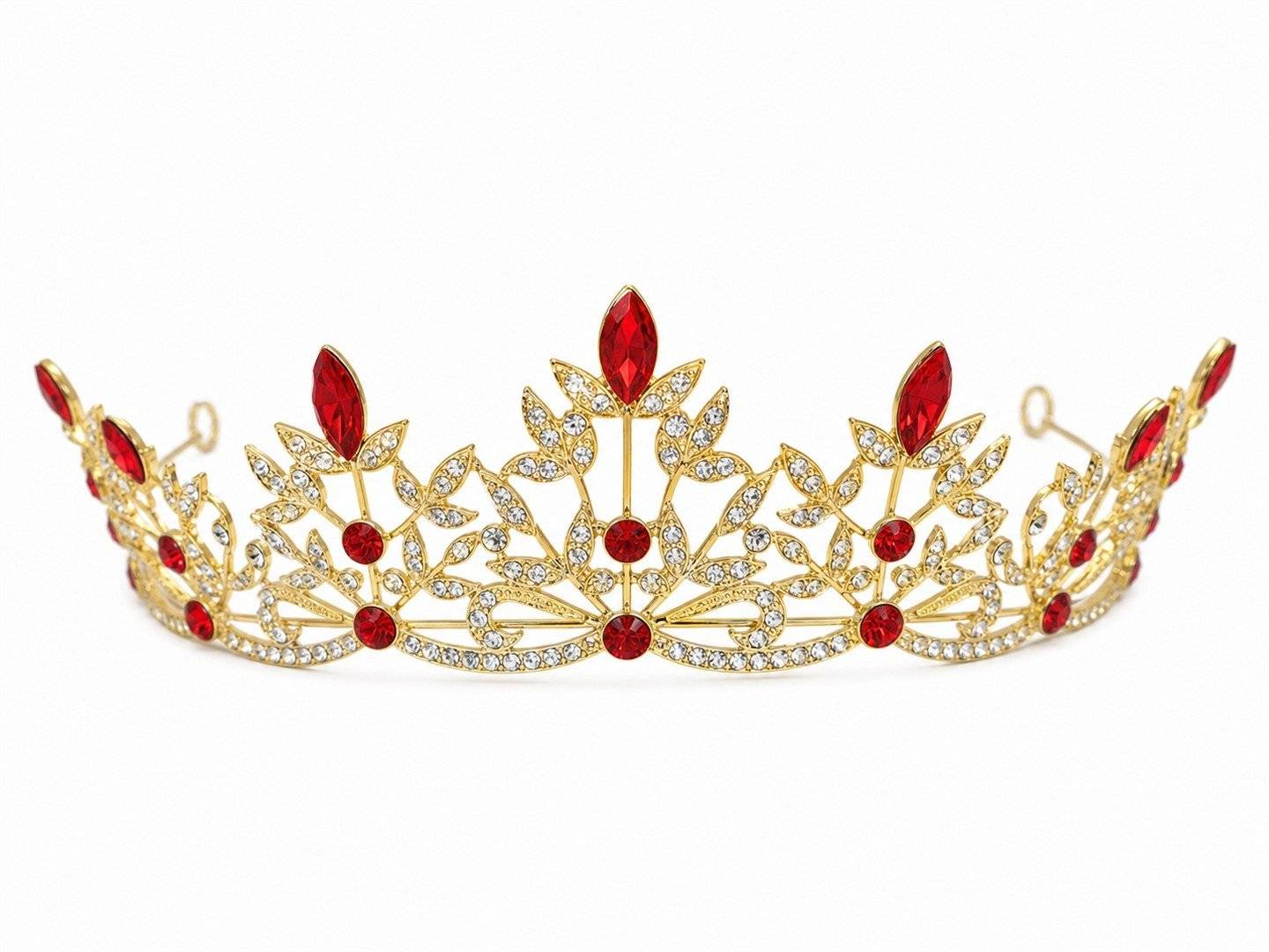 Tiara aurie cu cristale rosii marquise si frunze ornate