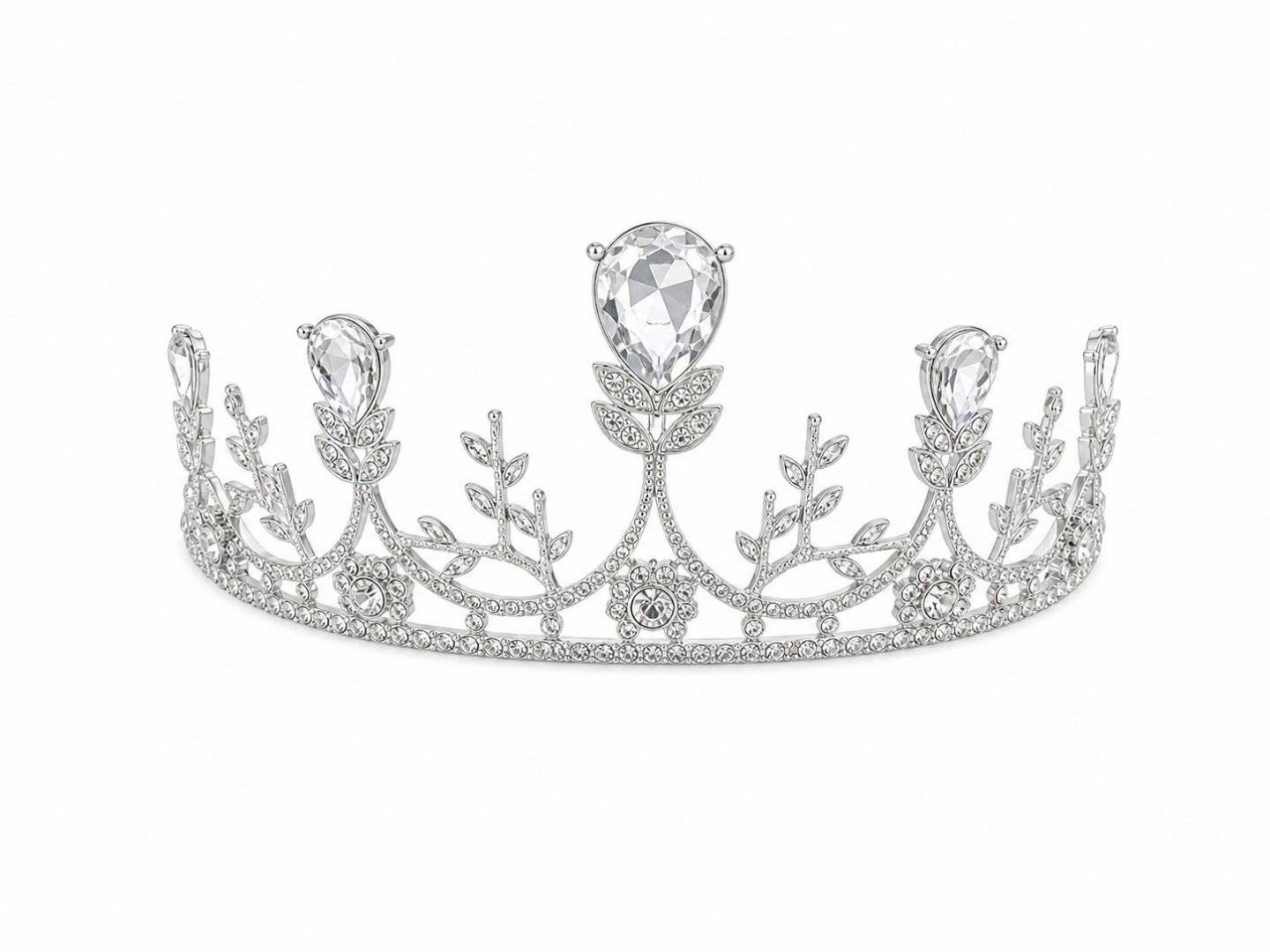 Tiara argintie cu cristale teardrop si frunze florale