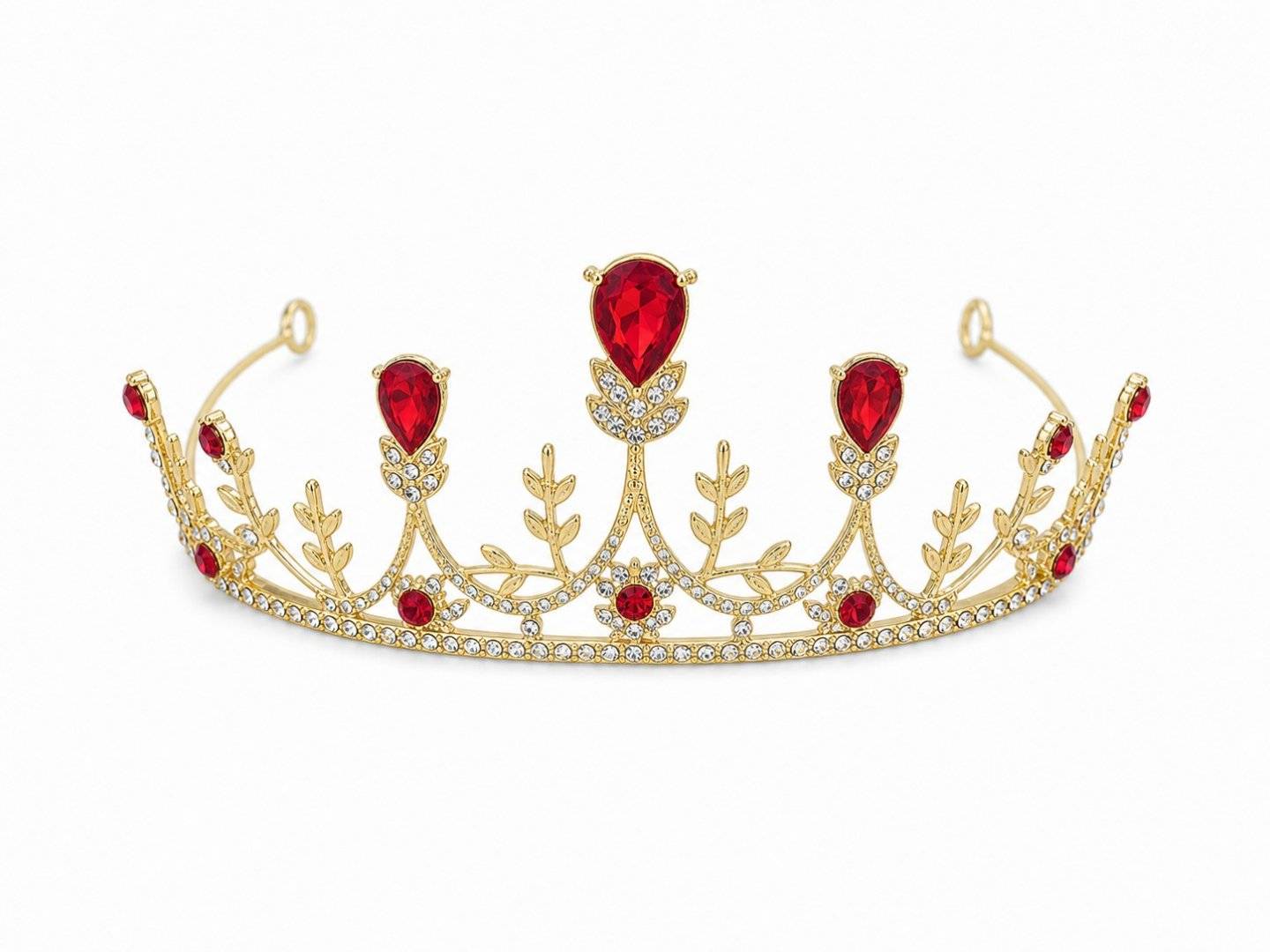 Tiara aurie cu cristale teardrop rosii si frunze aurii