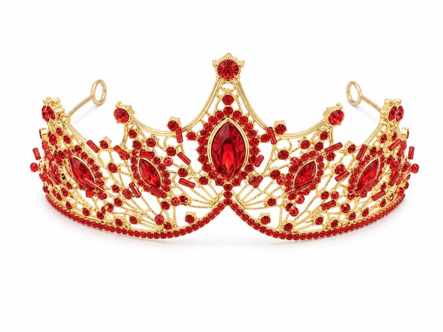 Tiara aurie opulenta cu cristale rosii dense - design statement