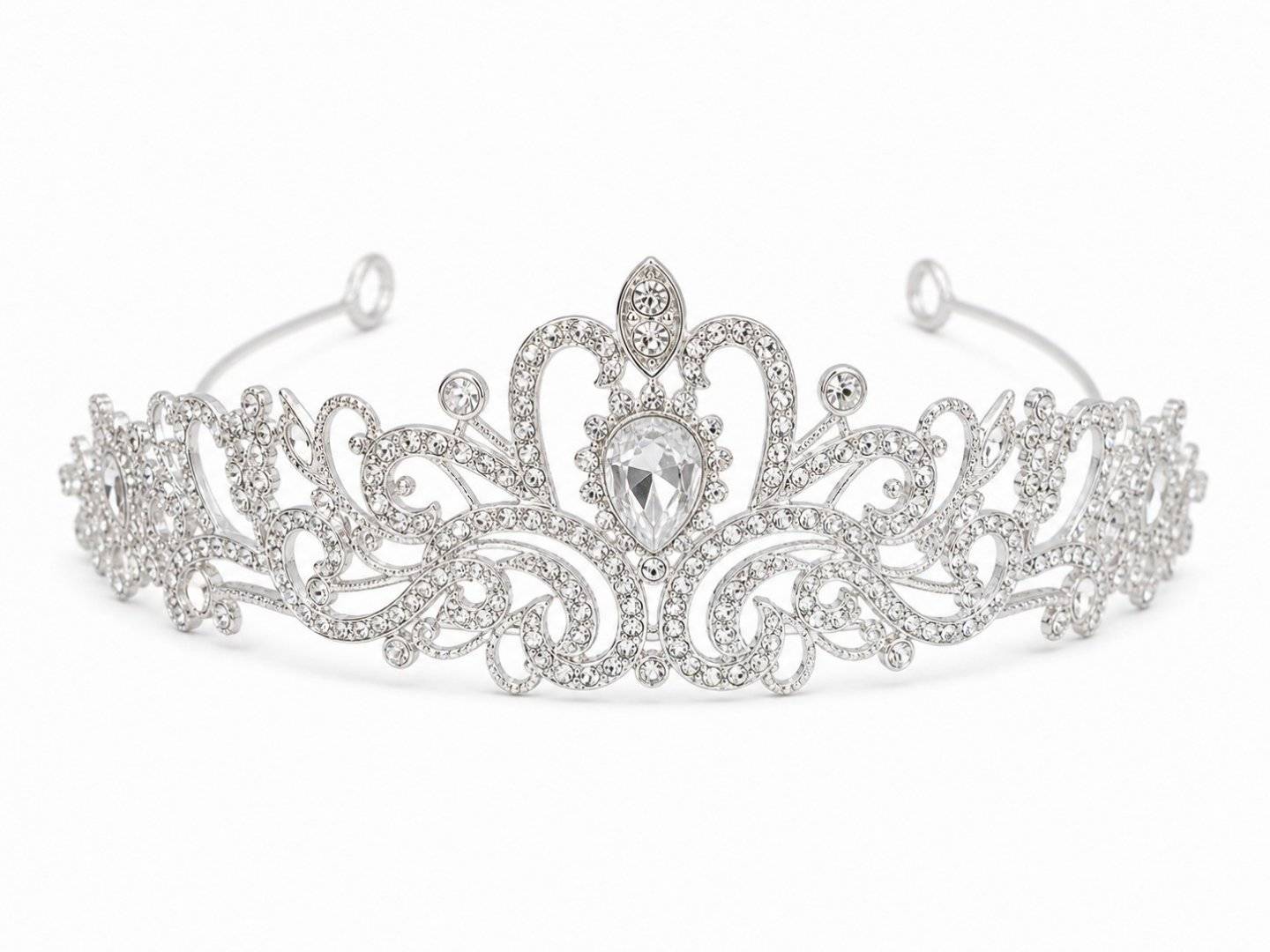 Tiara argintie vintage cu scroll filigran si cristal marquise central