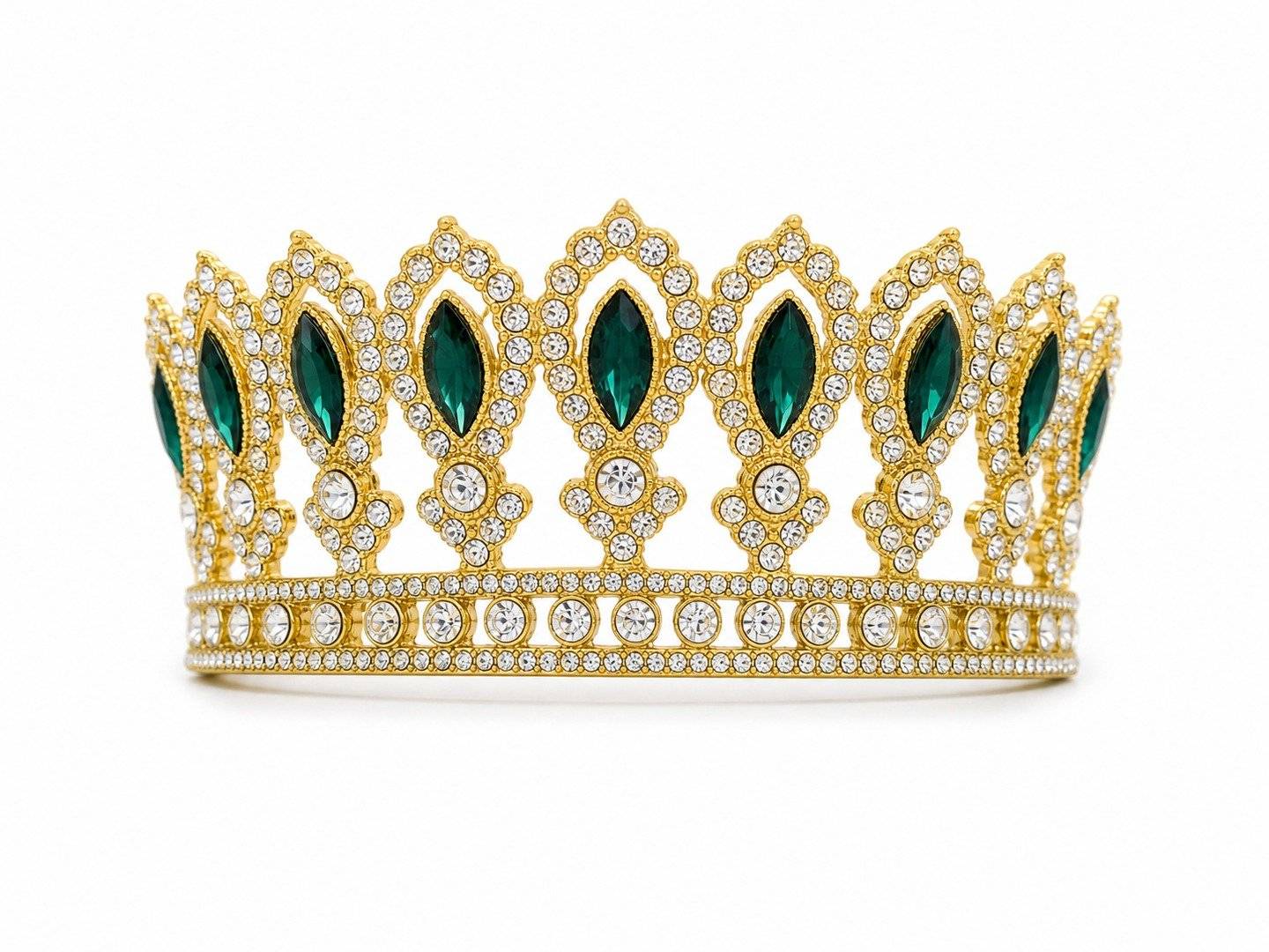 Coroana decorativa aurie cu cristale verzi smarald marquise 12 cm