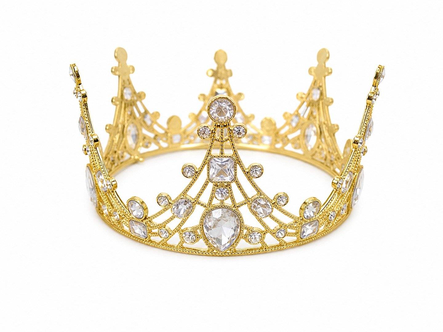 Tiara coroana inalta aurie cu cristal teardrop central