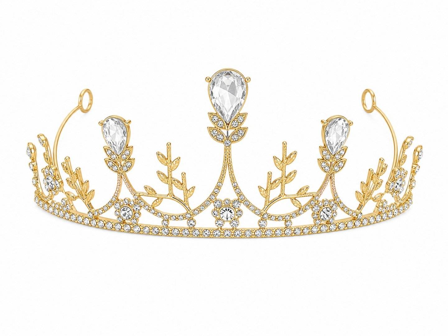 Tiara aurie cu cristale teardrop si frunze florale