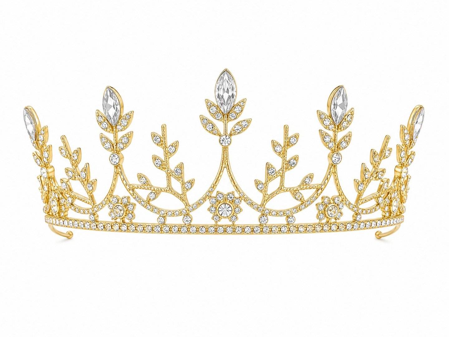 Tiara aurie densa cu cristale marquise si frunze ornate