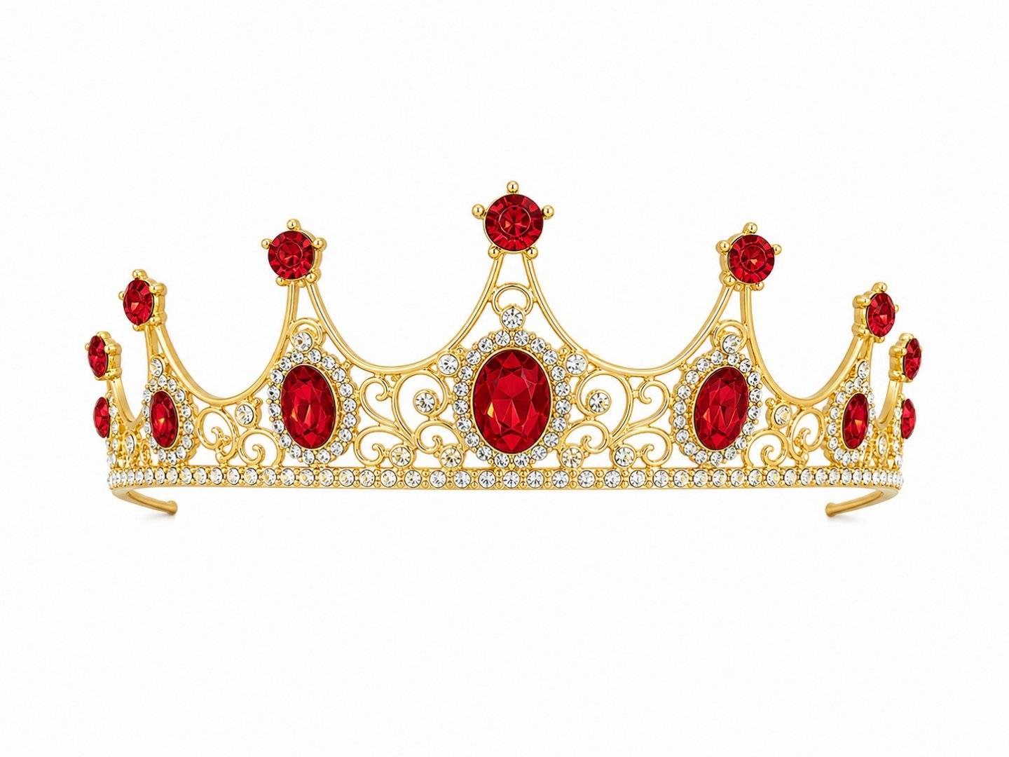 Tiara aurie joasa cu pietre rosii rotunde mari