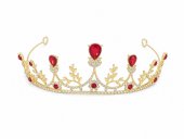 Tiara aurie cu cristale teardrop rosii si frunze aurii