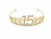 Tiara aurie aniversare 15 ani cu cifra 15 si strasuri