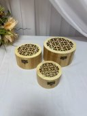 Cutie Lemn Natur Rotunda Perforat Patrat-Cercuri 3/set Rotunda