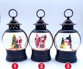 Felinar decorativ rotund cu scena de Craciun si sclipici