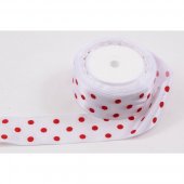Panglica Satin cu 3 Buline, Alb- Buline Rosii, rola 22 m, latime 4 cm