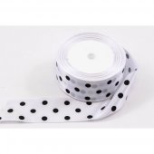 Panglica Satin cu 3 Buline, Alb-Buline Negre, rola 22 m, latime 4 cm