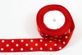 Panglica Satin cu 3 Buline, Rosu, rola 22 m, latime 4 cm