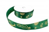 Panglica Satin Verde Imprimeu Merry Christmas Si Motive De Craciun Aurii