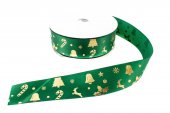 Panglica Satin Verde Imprimeu Motive De Craciun Aurii